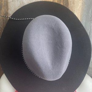 Black and grey felt hat with silver bead trim